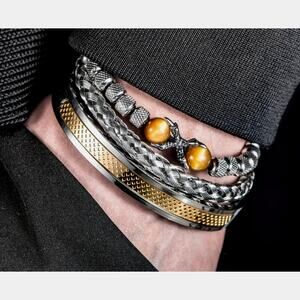 Unisex 3 pc SS Symmetrical Claw Bracelet Set Beaded Golden